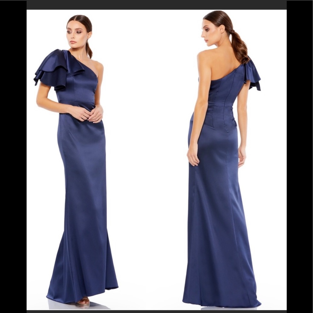 Ieena for Mac Duggal Ruffled One Shoulder Satin Gown Navy,sz 8